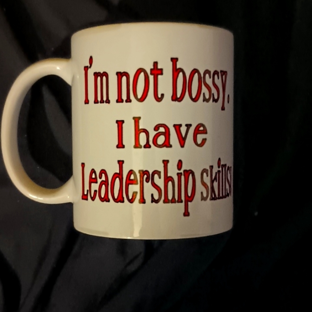 NOT BOSSY/LEADERSHIP;white glass mug. For tea and coffee